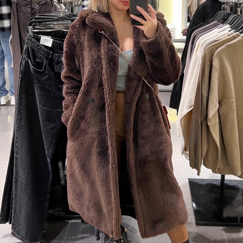 Babaton Dark Brown Teddy Faux Fur Coat with Hood